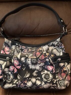 Floral Butterfly Shoulder Bag in Black with Pink Accents
